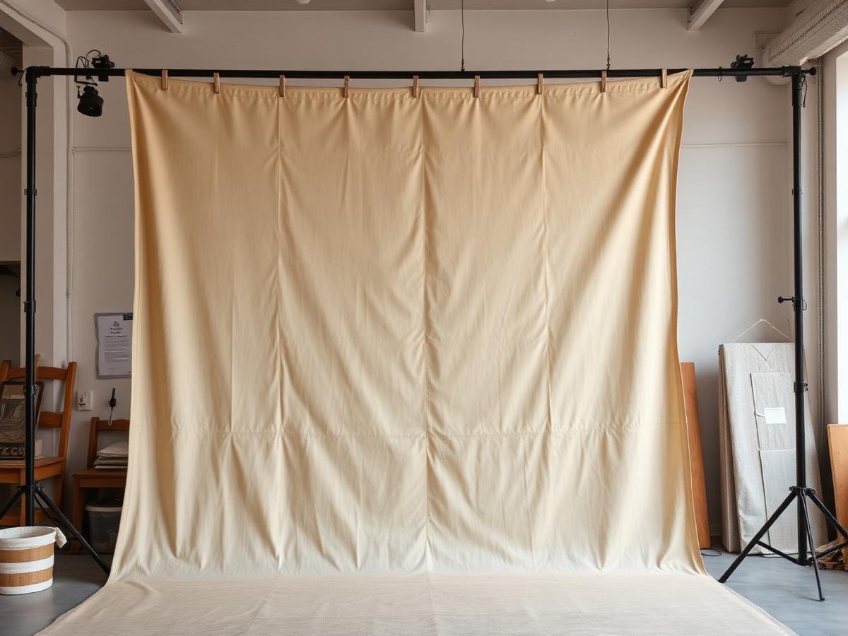 Large printed fabric photography backdrop hanging in a studio