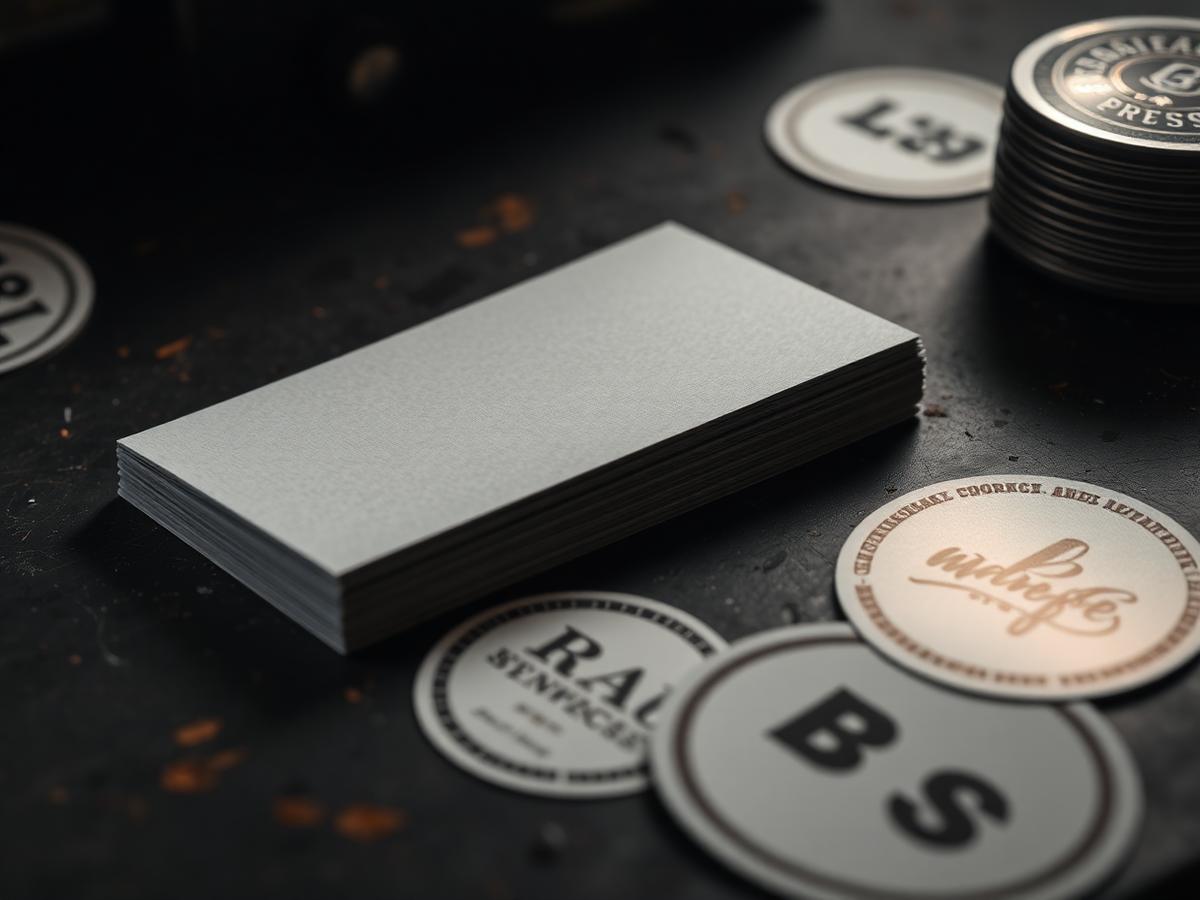 Stack of thick printed business cards and die-cut stickers on a workbench